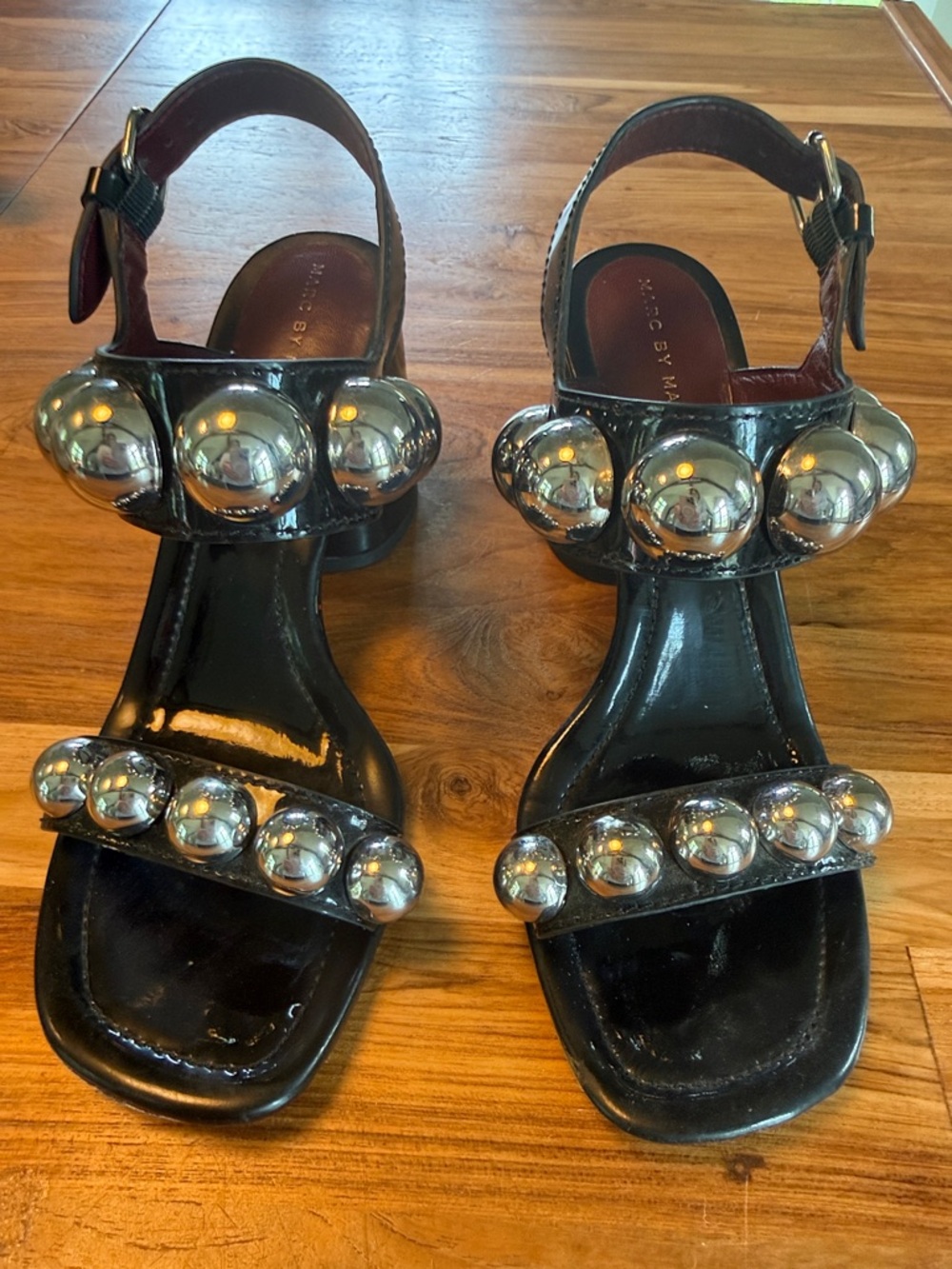 Marc by Marc Jacobs Black Patent Sandal with Silver Dome Studs Size 6